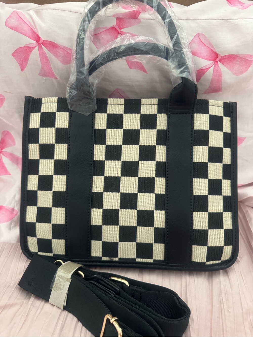 Black & Cream Checkered Canvas Tote Bag with Adjustable Strap